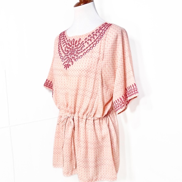 Anthropologie Embroidered Coral Peach Pastel Tie Waist Short Sleeve Kimono Top - Picture 5 of 11